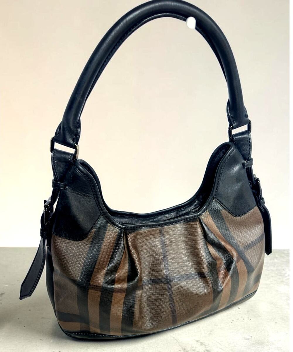 Vintage Burberry Nova Check East West Shoulder Bag Black Leather Trim & Hardware